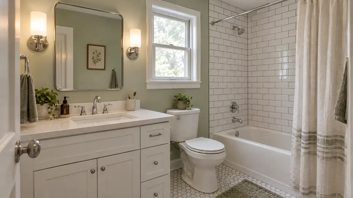 Budget-friendly hall bathroom update with white vanity and subway tile