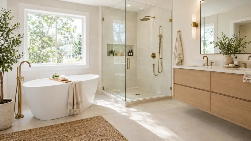 Remodeled primary bathroom with freestanding tub, frameless glass shower and oak vanity