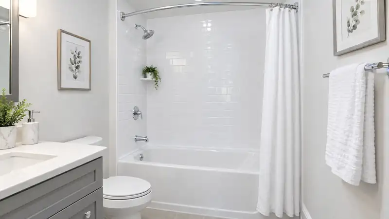 Tub with new white acrylic subway-pattern wall surround installed over old tile