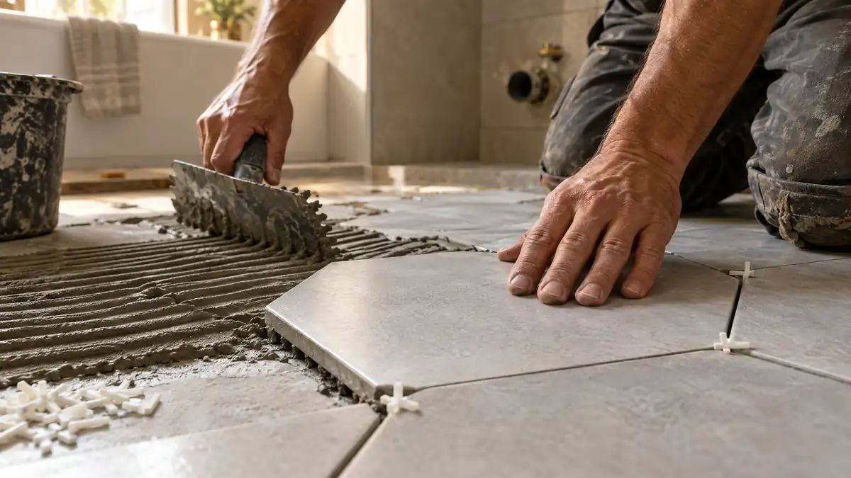 Professional tile installer at work