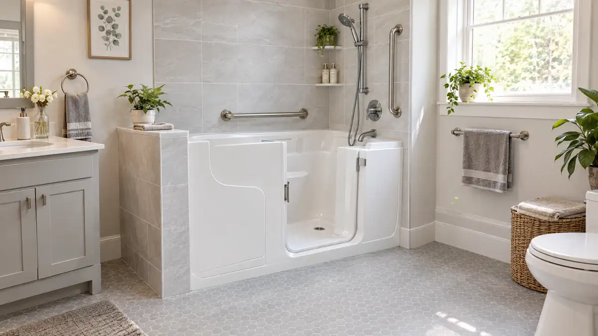 White walk-in bathtub with low-threshold door, built-in seat and grab bars